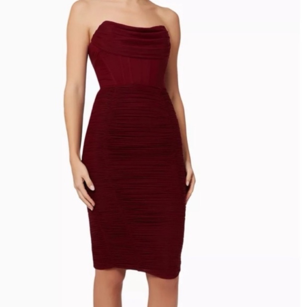 Lavish Alice Mesh Corset Ruched Strapless Midi Dress in Burgundy Red Size 10 New